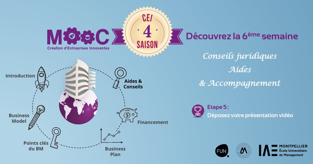 Dernière semaine du MOOC❗️Découvrez les dernières aides &amp; conseils utiles pour développer votre projet et les interviews de plusieurs experts 🗣️ <a href="/DonnadieuFr/">donnadieu eric</a> (ELEOM Avocats), <a href="/Rico_Freddy/">Freddy Rico</a> (Wydden), <a href="/iprevotBIC/">Isabelle Prevot</a> (BIC Montpellier) &amp; <a href="/pierreAlzingre/">Pierre Alzingre</a> (Visionari)