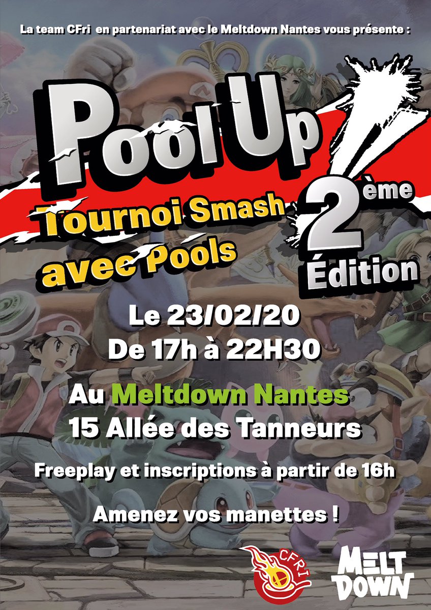 CFri_SSBU's tweet photo. Salut les smashers,

La Team CFri organise pour la seconde fois un tournoi Pool’up (48 places) en partenariat avec @meltdownnantes ! 

Surtout amenez vos manettes et soyez nombreux!! https://t.co/6wRdNKlJm1