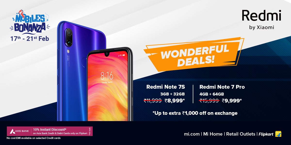 RedmiIndia's tweet photo. The #RedmiNote7Series is available on discounted prices!

Avail additional 10% instant discount with @AxisBank cards on @Flipkart.

Get yours now from https://t.co/cwYEXdVQIo, @Flipkart, Mi Home &amp; Retail Outlets. https://t.co/XllG7jjfMQ