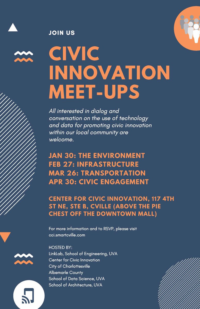 SmartCville's tweet photo. Don't miss the next Civic Innovation Meetup at @Center4Civic! Next Thursday at 4,  hosted by @UVALinkLab, @uvadatascience, @UVaSARC, @CvilleCityHall, and @AlbemarleCounty https://t.co/MjpeAmSZz3 https://t.co/JszQstwMSR