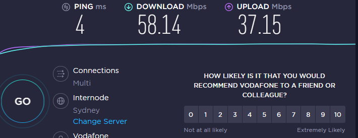 beastyanks's tweet photo. @VodafoneAU even at 23:00PM, my speed is only 58.14MBP, especially when i enrolled for  a  premium plan. https://t.co/rlkhCcANlA