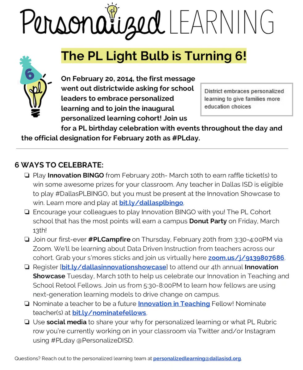 PersonalizeDISD's tweet photo. Today, Personalized Learning in @dallasschools turns 6!! We're excited to unveil #DallasPLBINGO as one of the many ways you can celebrate with us today. Happy #PLDay! https://t.co/7G8ybAS8F4 https://t.co/3qCKQNyvqa