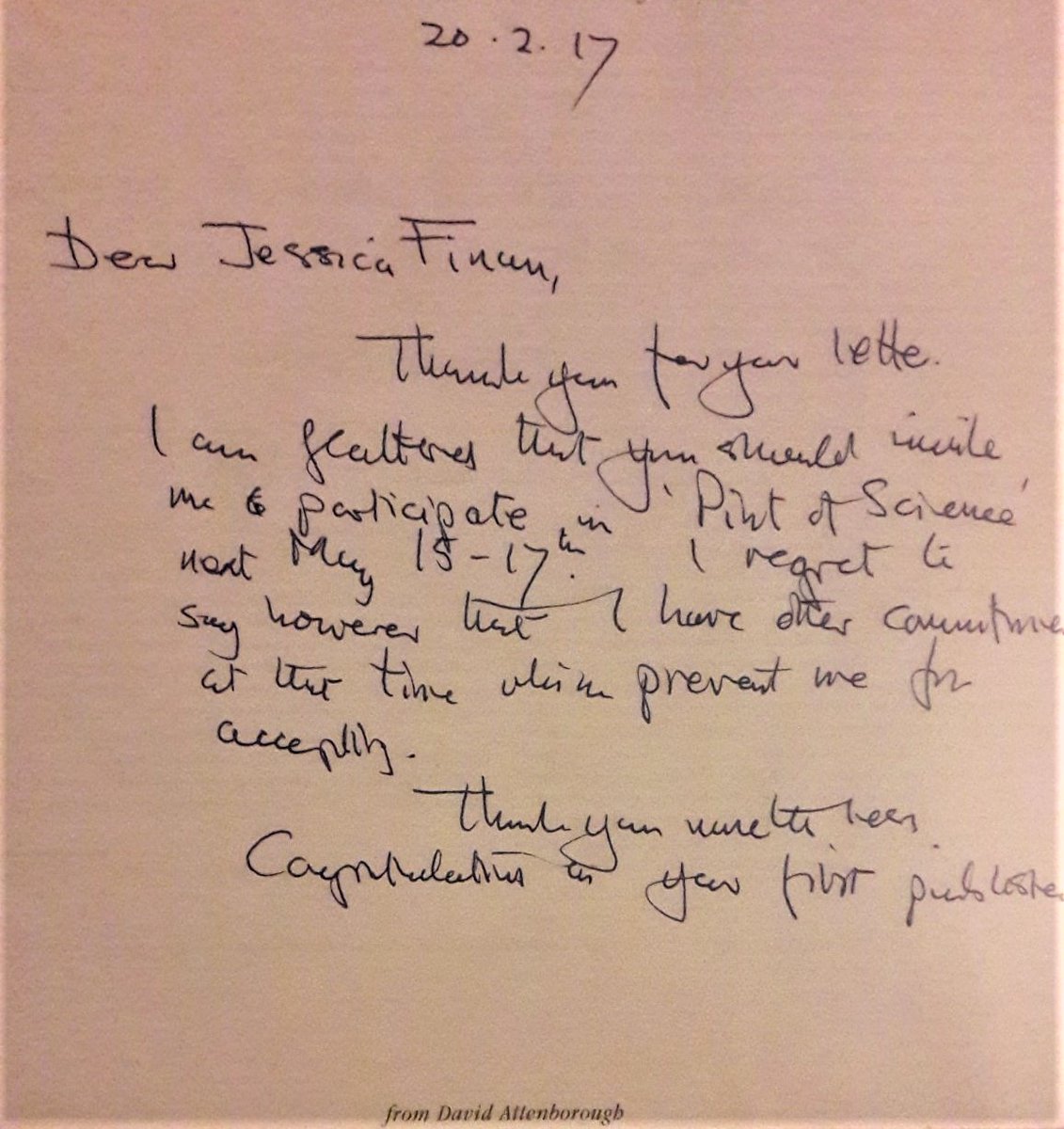 pintofscience's tweet photo. #TBT to three years ago when our Edinburgh team invited Sir David Attenborough to speak at @pintofscience #pint17! This was the response they received. 😍 https://t.co/mHthC6fZg1