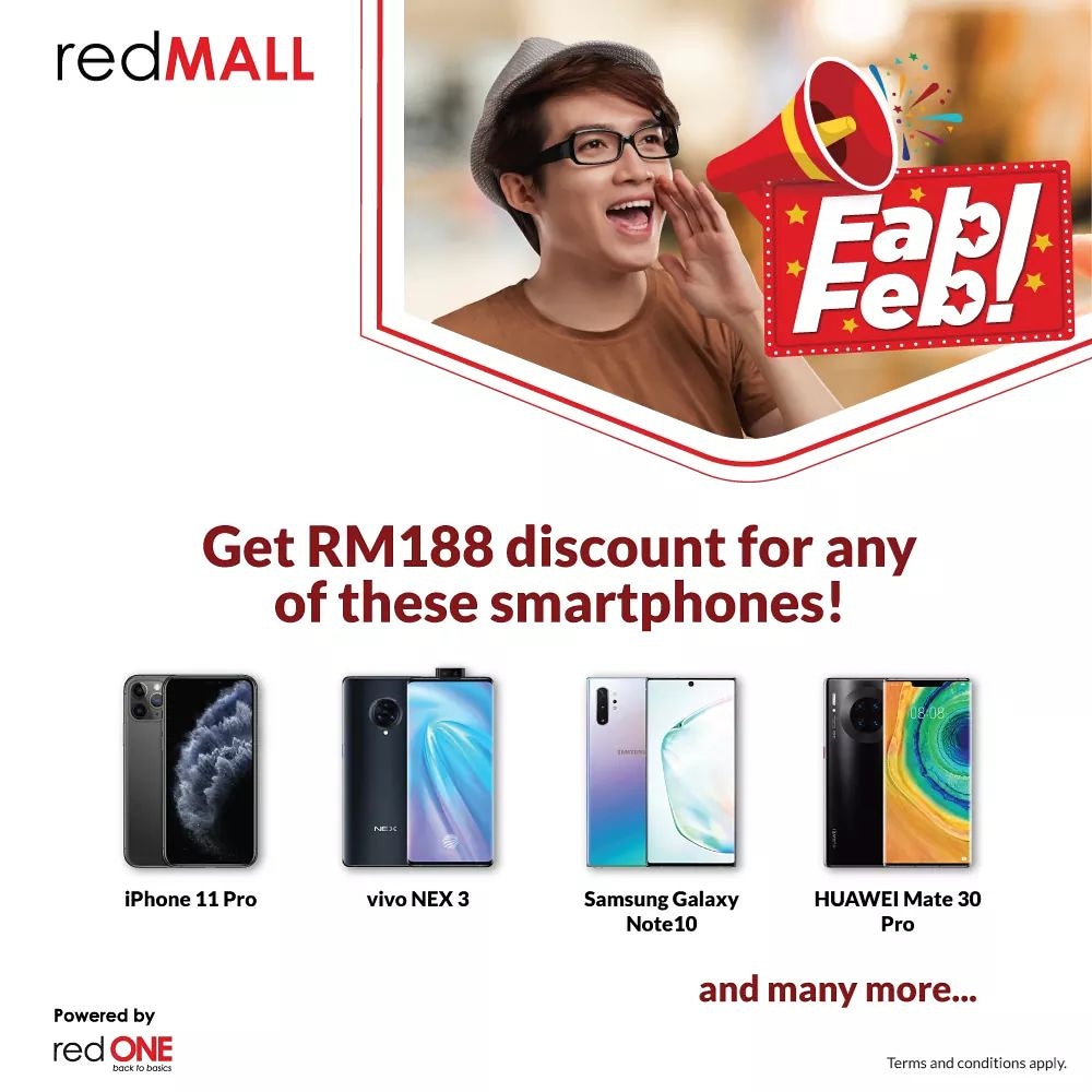 redONEMobileMY's tweet photo. It's a Fabulous February‼️🥳 Because redONE subscribers get RM188 discount on smartphones purchases. Download redONE 1APP and get the discount code now! 

Limited time offer. TNC apply.

#redMALL #FabFeb #20Feb https://t.co/agEOcfxj2T
