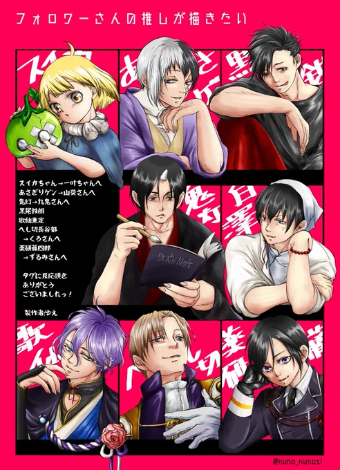 #フォロワーさんの推しが描きたい 
#このタグを見た人はラフ画とその完成絵を見せる 
とりあえずkmt以外を描き終えたのであげます!?
kmtキャラはまとめて別枠で描きます??
四角い枠にお絵描きが楽しい? 