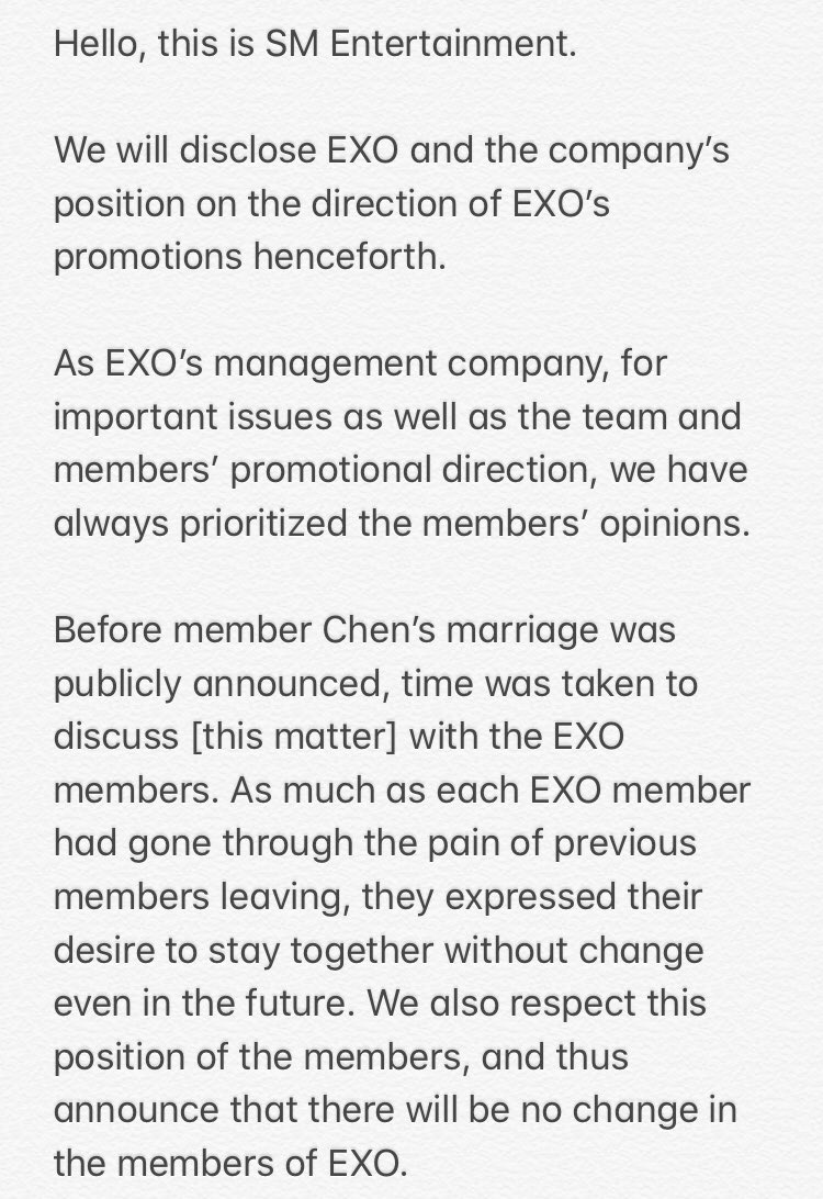 imexotrashtbh's tweet photo. oh my god SM actually released a statement regarding Chen and EXO

TLDR: Members wanted Chen to stay. Chen is staying. EXO will continue as 9

https://t.co/oG8E0b1ktE https://t.co/ANQTB9PBZJ