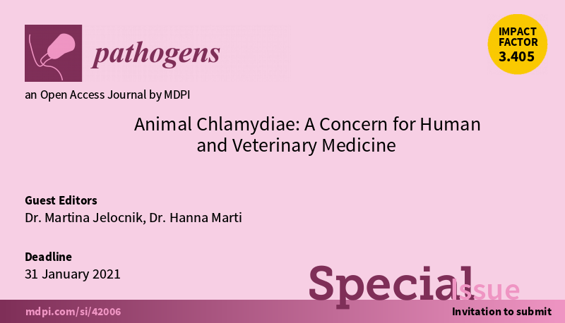 Pathogens_MDPI's tweet photo. #CallforPapers
Special Issue "#Animal #Chlamydiae: A Concern for #Human and #Veterinary #Medicine" is open, please see at https://t.co/KlxNG6h4PC
#Chlamydia
#infections
#disease
#zoonoses
#OneHealth
#geneticdiversity
#diagnostics
👉
👉
👉
Deadline: 31 January 2021 https://t.co/IMOatlo7Yg