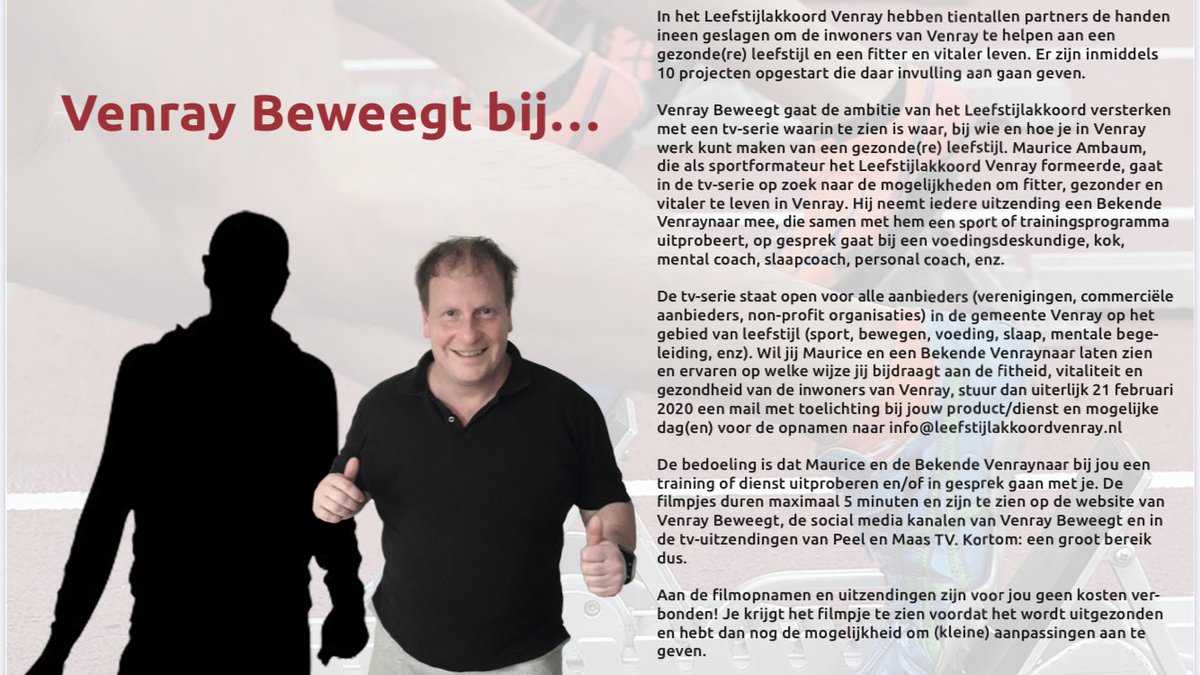 Venray Beweegt gaat de ambitie van het Leefstijlakkoord versterken met een tv-serie waarin te zien is waar, bij wie en hoe je in Venray werk kunt maken van een gezonde(re) leefstijl. Wil je een filmpje mail dan naar: info@leefstijlakkoordvenray.nl #venraybeweegtbij
#mauriceambaum