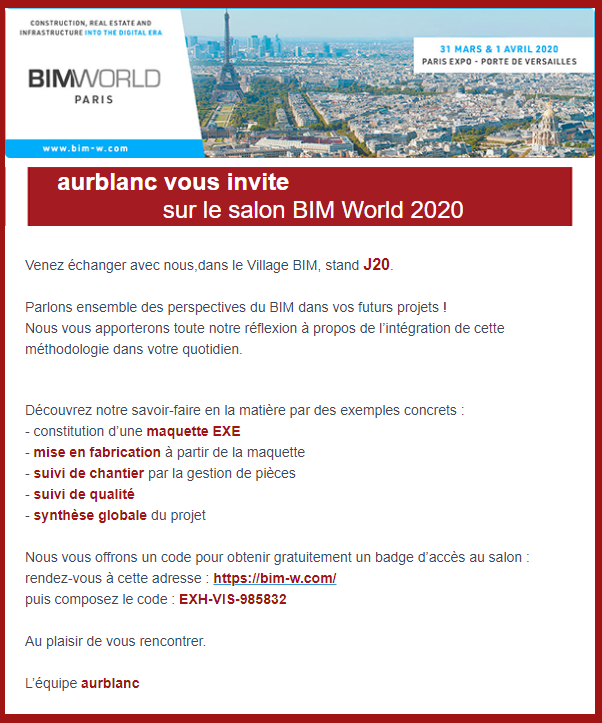 aurblanc's tweet photo. AURBLANC vous invite sur le salon BIM World 2020

Venez échanger avec nous,dans le Village BIM, stand J20.

Nous vous offrons un code pour obtenir gratuitement un badge d’accès au salon :
rendez-vous à cette adresse : https://t.co/z6IMext5nI
puis composez le code : EXH-VIS-985832 https://t.co/vGrsDWFsXw