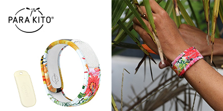 The PARA’KITO wristbands reduce your mosquito appeal by masking human presence up to 15 days per pellet, thanks to a unique technology encompassing both the impregnation and the chrono-diffusion of natural essential oils. 
Plain colors, bright and tropical prints: What choice!