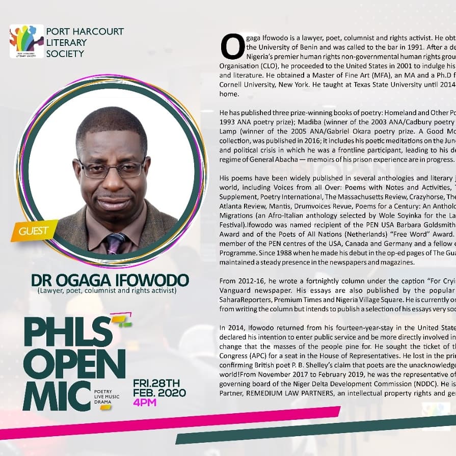 Phlslibrary's tweet photo. Are you prepping for @Phlsopenmic @phlslibrary? If you're not then you should be!
We have a special guest with us this month: Dr Ogaga Ifowodo, an internationally acclaimed lawyer, poet, columnist and rights activist.
#PHLSOpenMic
#AfricanLiterature
#PHLS https://t.co/H8KdLhdCzB