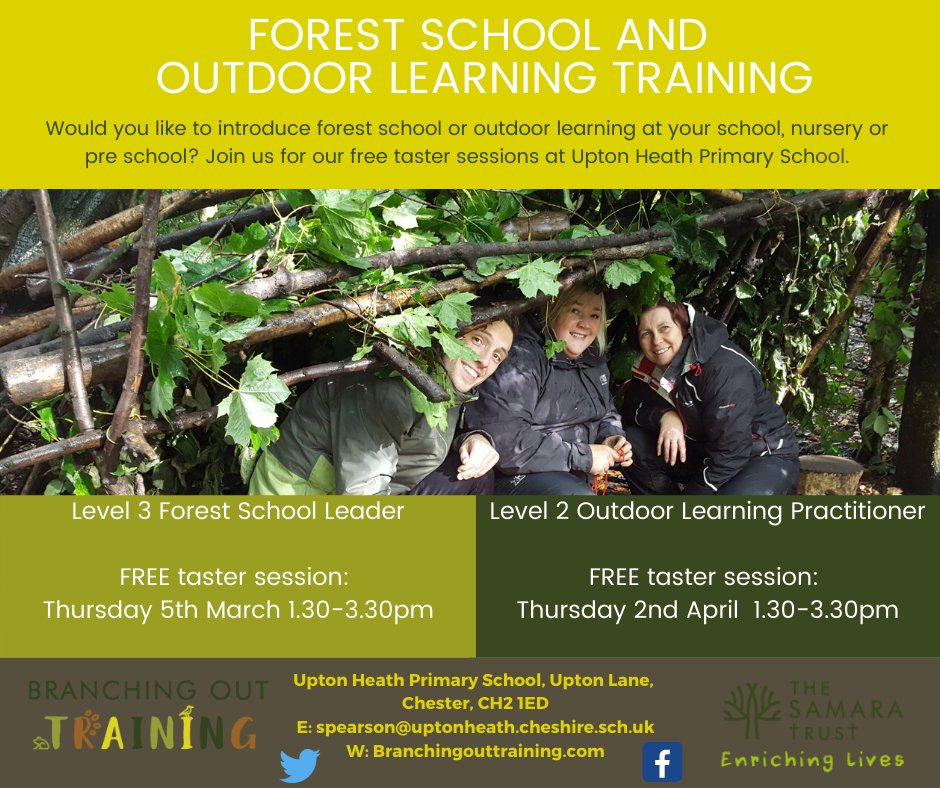 Trial our forest school and outdoor learning training this March and April <a href="/UptonHeathCE/">Upton Heath CE Primary School</a>. branchingouttraining.com <a href="/Christletonpri/">Christleton Primary</a> <a href="/CherryGrovePS/">Cherry Grove Primary School and Nursery</a> <a href="/EltonPrimary/">Elton Primary School & Nursery</a> <a href="/NewtonPrimary01/">Newton Primary</a> <a href="/StWerbs/">St Werburgh’s and St Columba’s CPS</a> <a href="/RainowPrimary/">Rainow Primary</a> @SandiwayPS <a href="/HartfordPrimary/">Hartford Primary</a> <a href="/AshdenePrimary/">Ashdene Primary School</a> <a href="/thebollin/">Bollin Primary</a>