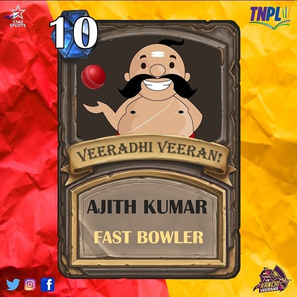 NRKTNPL's tweet photo. TEN TANA TEN!!! TENTH PICK of the day from the Players Draft 2020😄
Welcome to the team, Veeran Ajith😎
#vbkanchiveerans #vbveerans #TNPL2020 #modhareadyya #VBKV https://t.co/vHwnDJzu9E