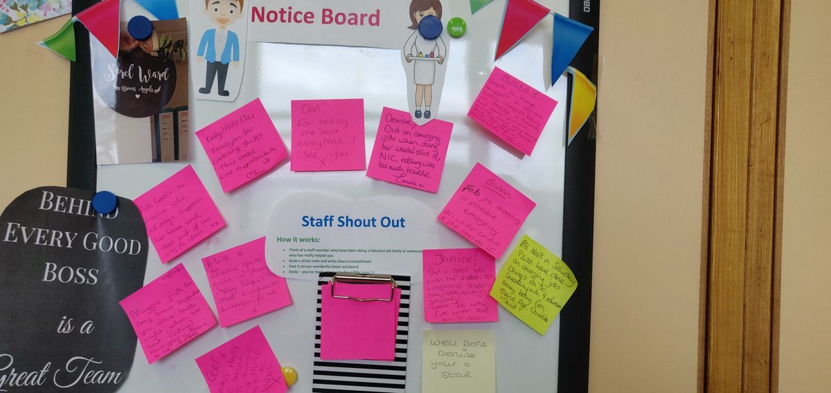 Sorel ward staff shout out board. In place for team members to shout out and thank a colleague who has been fabulous. Lovely to see them all acknowledging individual contributions #teamwork #nurse <a href="/becksherrington/">Rebecca Sherrington RN MSc</a> @AliceHa24691387 <a href="/Aga09402553/">Aga</a> <a href="/Samnorth1984/">Samantha north</a> <a href="/JennaMackay4/">Jenna Mackay</a>