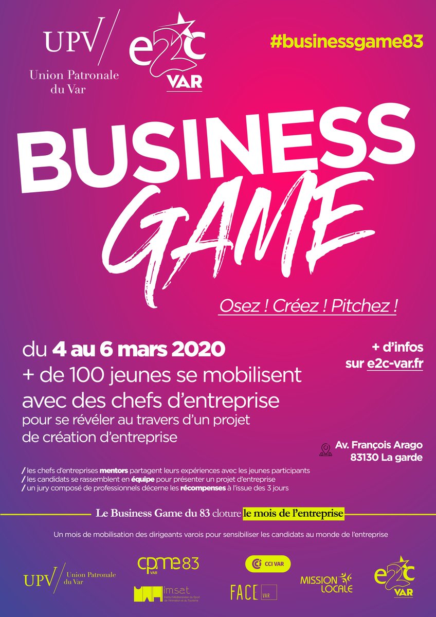E2CVar's tweet photo. #Businessgame83
📆 Du 04 au 06 Mars 2020
❓Coachs, chefs d entreprise prêts à relever le défi ?
Nous avons besoin de vous !
✅ Un grand Concours de création d'entreprises à portée pédagogique qui réunira les stagiaires de l'#E2cVar, #Imsat , #FACEVar et des #missionslocales https://t.co/5jmESzVeuM