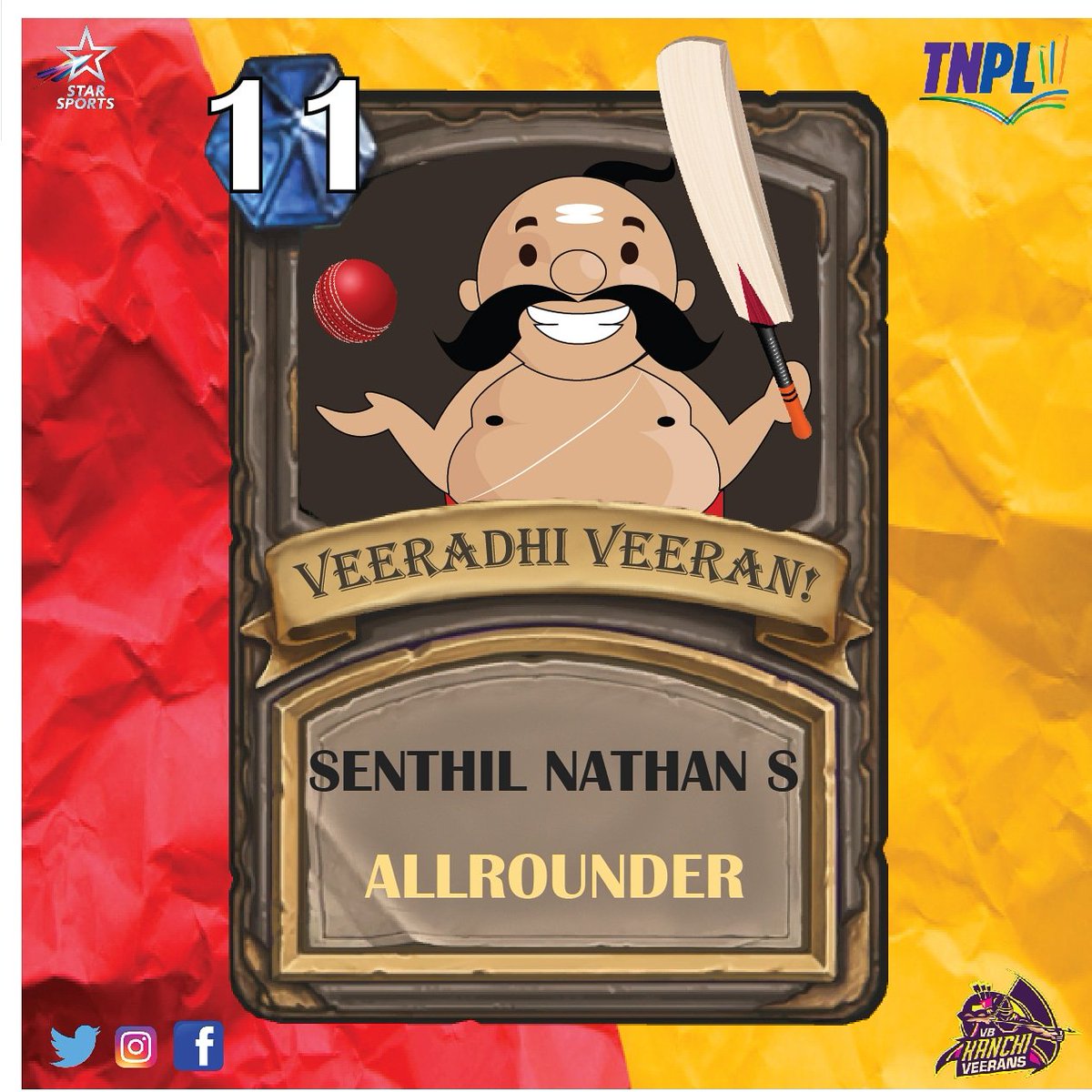 NRKTNPL's tweet photo. ELEVENTH PICK of the day from the Players Draft 2020😄
Welcome to the team, Veeran Senthil Nathan😎
#vbkanchiveerans #vbveerans #TNPL2020 #modhareadyya #VBKV https://t.co/7FdyjYaO8o
