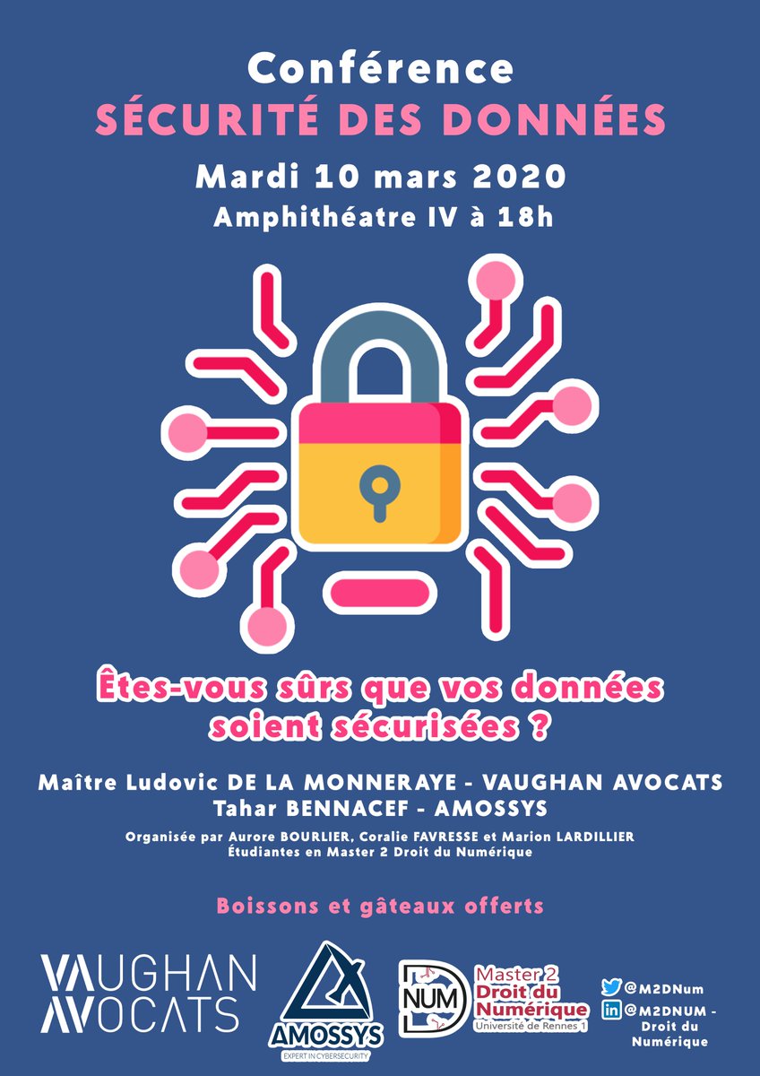 M2Dnum's tweet image. Renseignement en sources ouvertes, métadonnées, gestion des mots de passe, ou encore objets connectés : cela vous parle et souhaitez en apprendre plus?
Le @M2Dnum organise une conférence de cybersécurité sur la sécurité des données.
📍Amphi IV, fac de droit Rennes
🕔10 mars, 18h