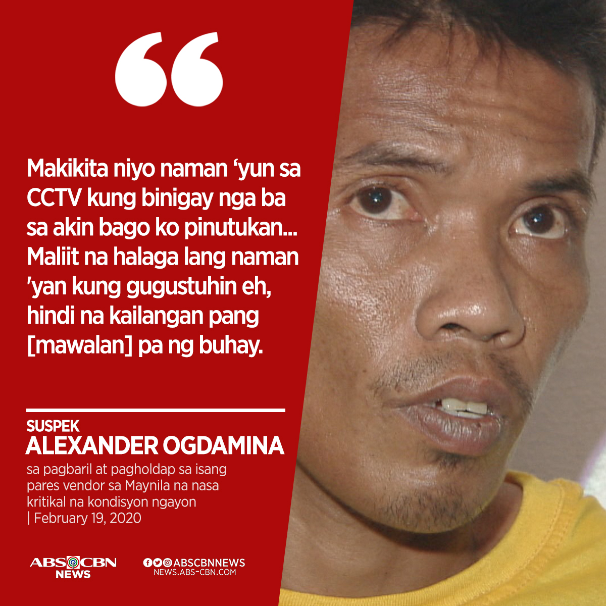 ABSCBNNews's tweet photo. KASALANAN PA NG BIKTIMA? Idinahilan ng holdaper na hindi na dapat pumalag sa kaniya ang tinderong biniktima niya para hindi na ito nabaril.

BASAHIN: https://t.co/RbmpxfABMz https://t.co/bru5iixnhd