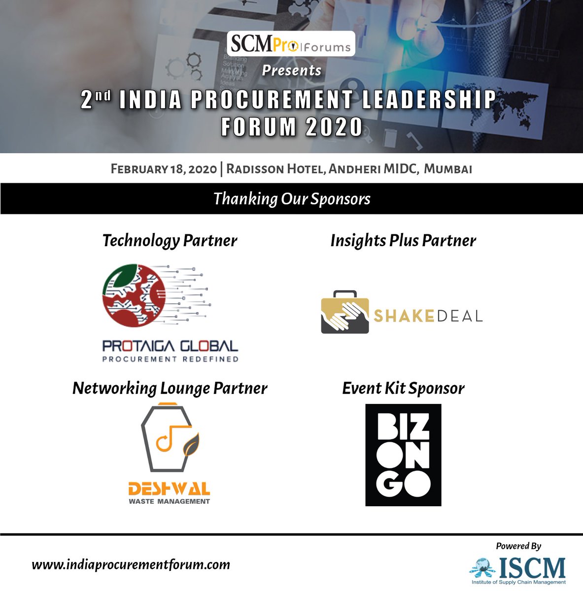 iscm_info's tweet photo. Thanking our Sponsors for being a part of the 2nd India Procurement Leadership Forum #IPLF #ISCM #SCMProForums https://t.co/r5wdzrhopb