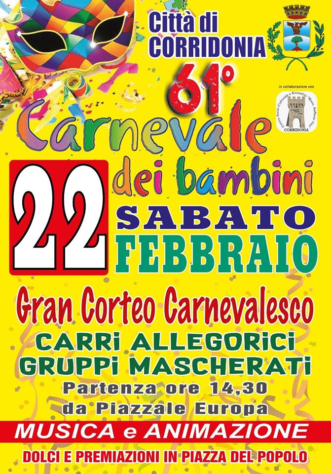 #CORRIDONIA - 22 Febbraio dalle 14,30 #carnevale  dei #bambini  #famiglia con carri allegorici e gruppi mascherati