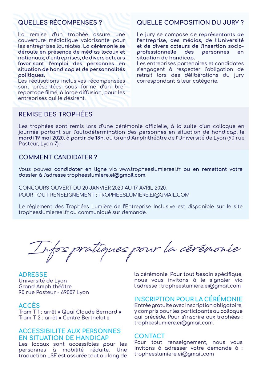 Les Trophées Lumière seront décernés le 19 mai💡
Ils récompensent les actions menées par les entreprises inclusives #handicap 
Qui peut candidater ? Toutes les familles d’entreprises, associations et employeurs publics, jusqu’au 17 avril 📆
➡️bit.ly/2uaHiyK ou par mail