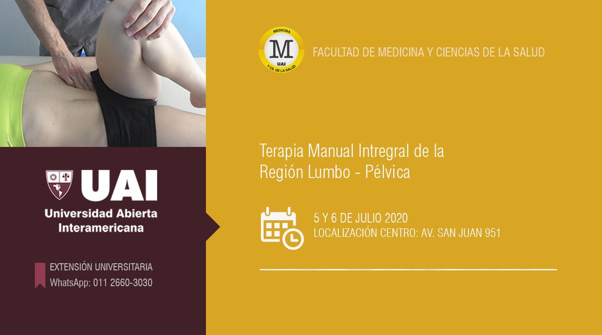 eduuai's tweet photo. Terapia Manual Integral de la Región Lumbo - Pélvica
🗓5 y 6 de junio de 2020.
🕛Ambos días de 9 a 18 Hs.
Más información: https://t.co/pUfIbStnSB

#biomecánico #flexibilidad #kinesiologia @eduuai https://t.co/Hlmux8wuyY