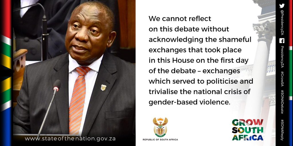 PresidencyZA's tweet photo. “We owe the people of South Africa an apology for what happened in this debate. Let us agree that we should never again allow such an important issue to be used in this way &amp; reaffirm our shared and unwavering commitment to use all means at our disposal to end #GBVF” #SONAReply https://t.co/mbdSynprO0