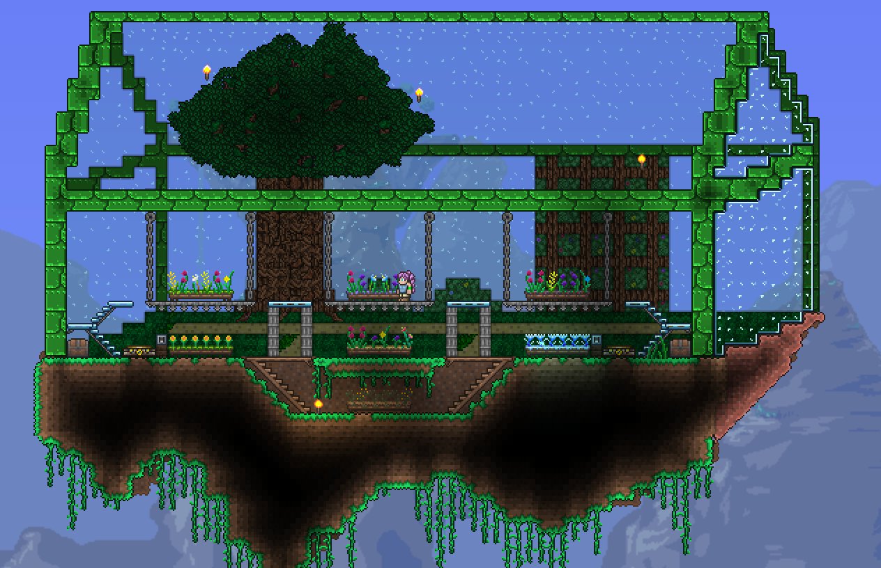 R Terraria My First Serious Build A Greenhouse On A Floating Island Open To Critisism Or Tips For Possible Future Stuff But I Honestly Can T Be Bothered To Start Changing