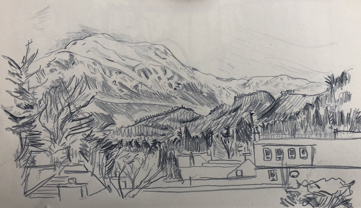 mrpickers's tweet photo. “Ben Ledi in Blue” Final morning in #Callander. As I drew this the mist came in quick - it was kinda awesome. Also - last page in #sketchbook, so sorry about the see through 😉
#benledi #mountains #landscape #quicksketch #sketch #pencil #blue #art #illustration #wildcallander https://t.co/E6JYkxb4HU