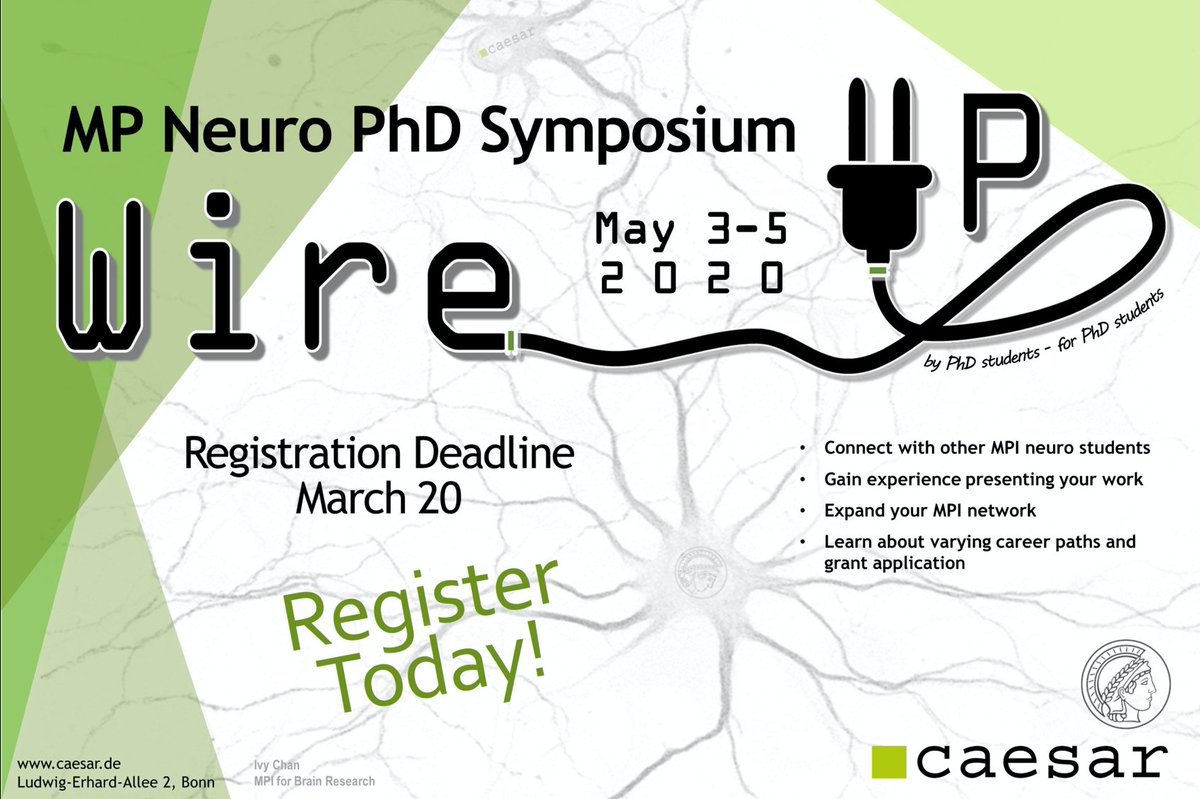 WireUp2020 (@maxplanckwireup) on Twitter photo 📢REGISTRATION NOW OPEN📢
Register today for the #WireUp2020 <a href="/maxplanckphdnet/">Max Planck PhDnet</a> symposium @caesarbonn
Find the online form here:
caesar.de/en/events/wire…
Submit your #Abstract and present your #neuroscience #Research in Bonn this May!
Looking forward to see many of you 😎 📢REGISTRATION NOW OPEN📢
Register today for the #WireUp2020 <a href="/maxplanckphdnet/">Max Planck PhDnet</a> symposium @caesarbonn
Find the online form here:
caesar.de/en/events/wire…
Submit your #Abstract and present your #neuroscience #Research in Bonn this May!
Looking forward to see many of you 😎