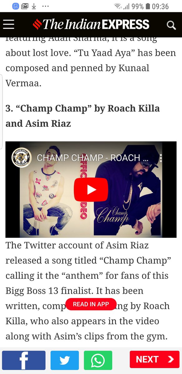 roachkilla1's tweet photo. Thanks to @IndianExpress for the article... #ChampChamp #AsimRiazAnthem was top 3 songs in India for the month of February.. this one is for #AsimRoachSquad https://t.co/r8qqiFZzXp