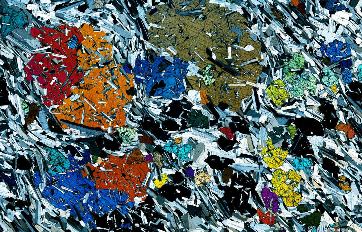 This #thinsectionthursday, we present a beautiful image of gabbro from the Rum Layered Intrusion (#Scotland).

Image by J. Leuthold via imaggeo-egu.eu.
