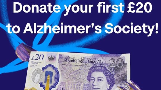 OllyLarkin's tweet image. The new £20 note is released today, what will you be doing with your #FirstTwenty? We would love you to consider donating it to @alzheimerssoc! Your new £20 note could pay for 34 of our dementia Guides which help people understand their Dementia diagnosis. #UnitedAgainstDementia