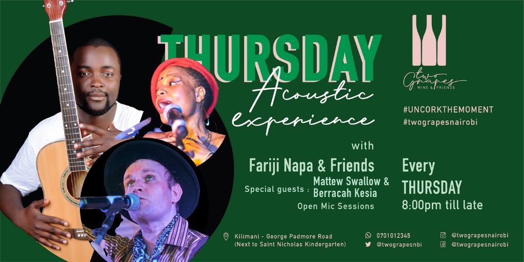 Hi! What are you doing tonight? How about joining our Thursday experience with #farijinapa&amp;Friends?
📍Kilimani-George Padmore Road
⏰ 8pm till late
#thursdayvibes #acousticwaves #winelovers #livemusic #nairobilife #ThursdayNight #twograpesnairobi #uncorkthemoment
<a href="/beraccahkisia/">🌸BERO THE HERO🌸</a>