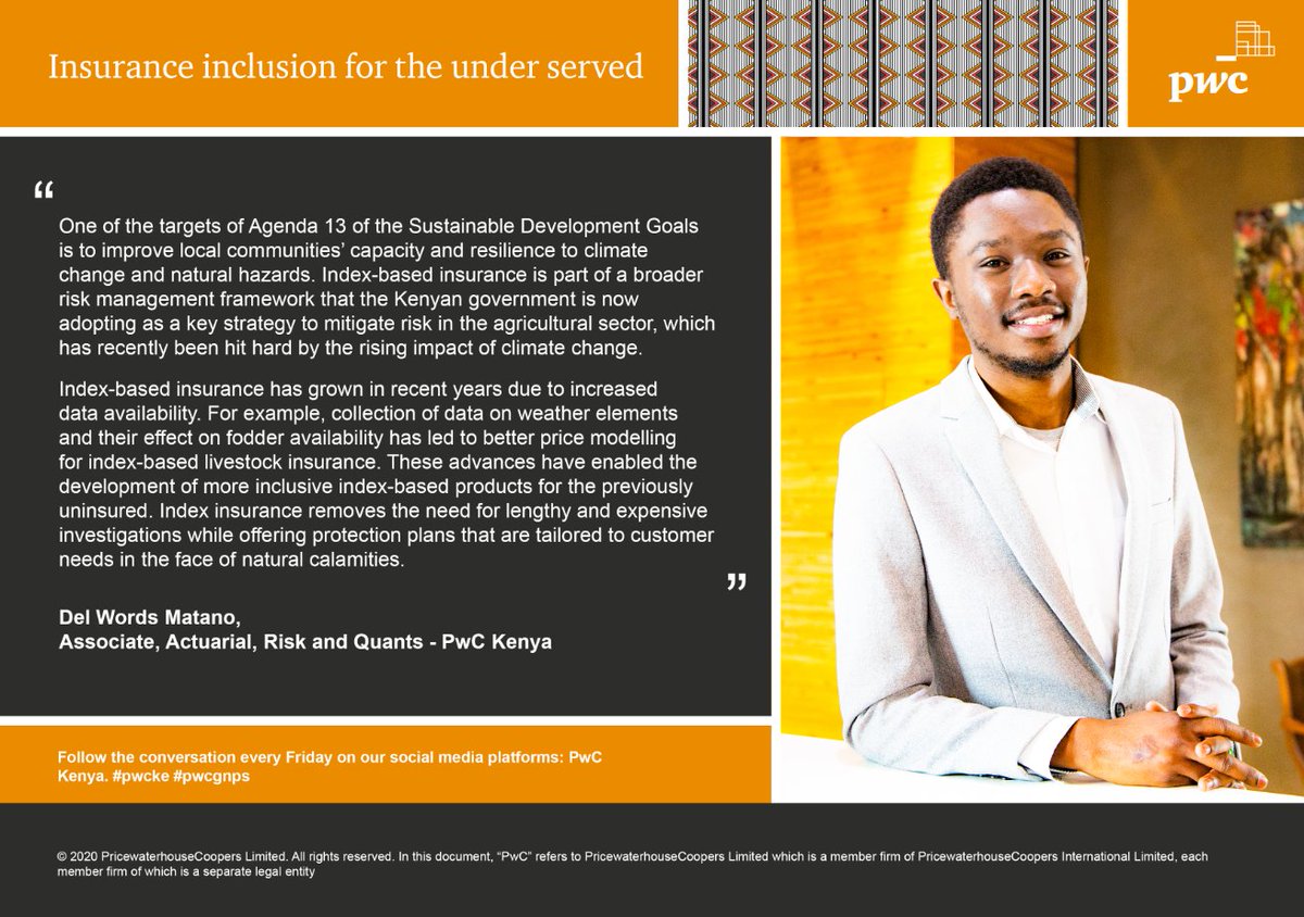 PwC_KE's tweet image. #IndexBasedInsurance is part of a broader risk management framework that the Kenyan government is now adopting as a key strategy to mitigate risk in the #AgriculturalSector. PwC's Del Words comments on the role of index insurance on #InsuranceInclusion for the under served.