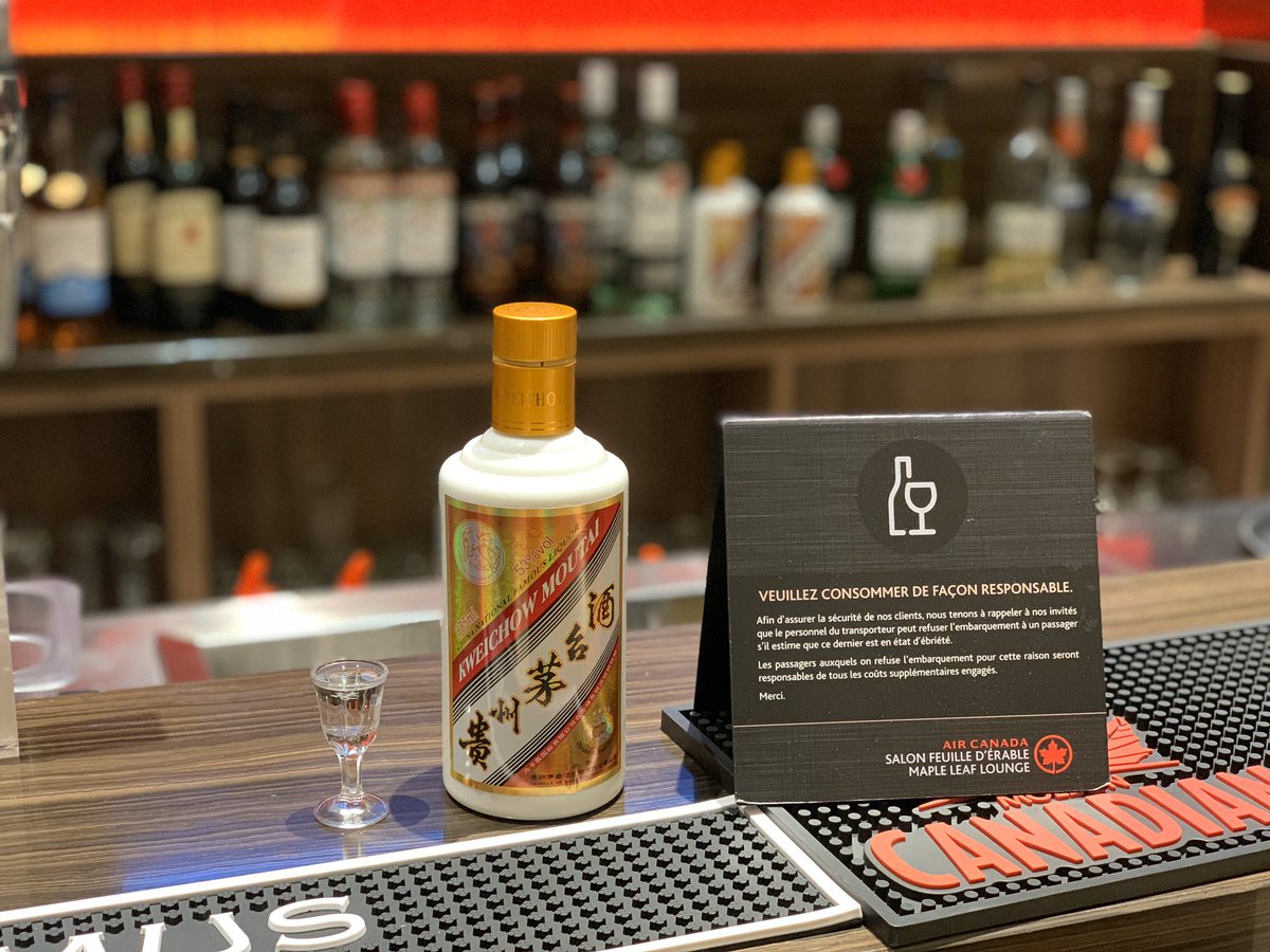 VXConsulting's tweet photo. The 53%vol top-shelf Chinese Maotai the “Jet Fuel” has been spotted in an Air Canada Maple Leaf Lounge #aircanada #PaxEx https://t.co/UUTCN8pdWs