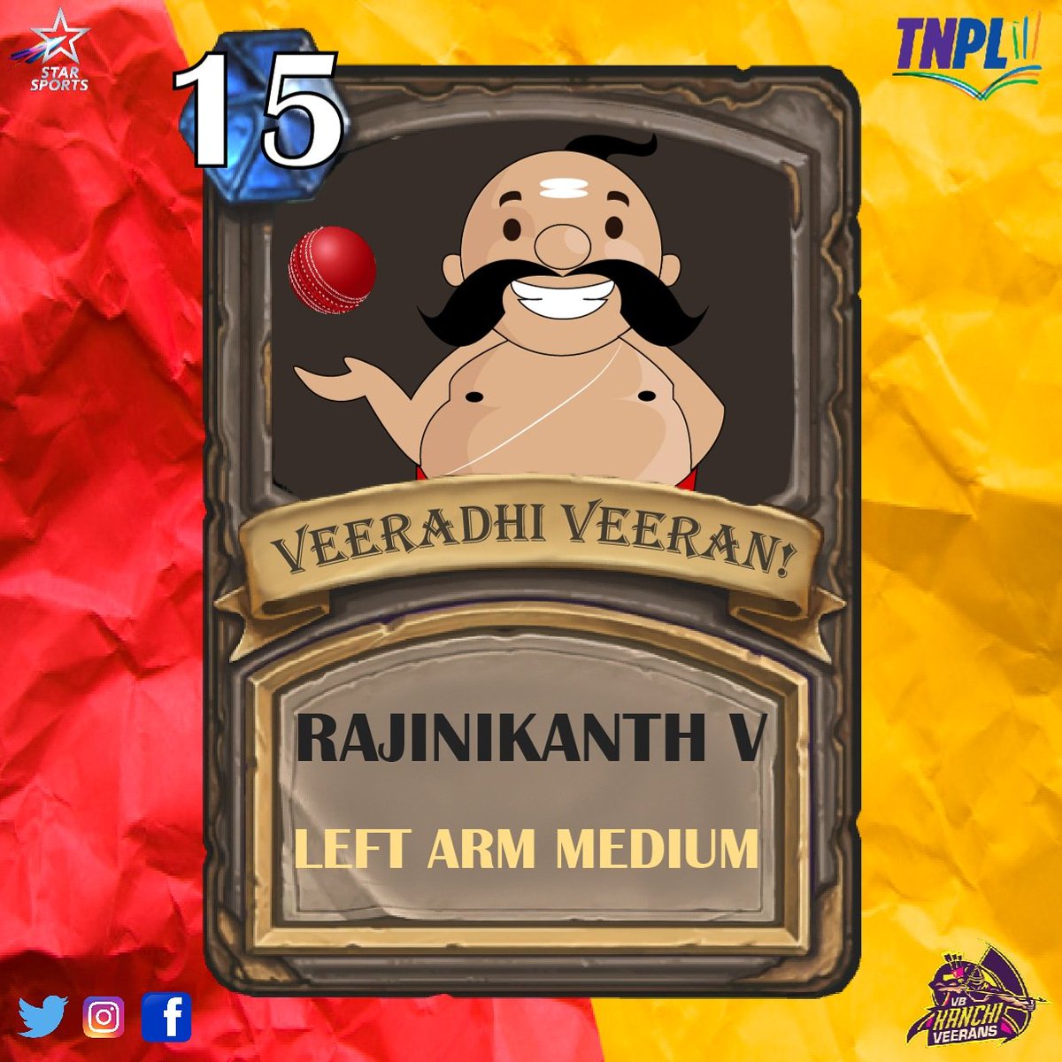 NRKTNPL's tweet photo. LAST PICK for VB VEERANS from the Players Draft 2020😄
Welcome to the team, Veeran Rajinikanth😎
#vbkanchiveerans #vbveerans #TNPL2020 #modhareadyya #VBKV https://t.co/Rxmt5Dr0f7
