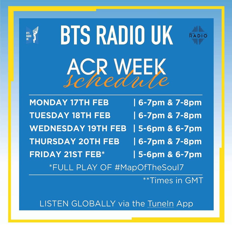 BTSRadioUK's tweet photo. The WEEK of @BTS_twt #ThePowerOf7 continues today at 6pm!
Tune in to @ACRRadio here: https://t.co/cmxNan4sQs
#BTSARMY #BTS # MapOfTheSoul7 #BTSonRadioUK #WeekOfBTS #1DaysUntil7 https://t.co/FsfHENAkcz