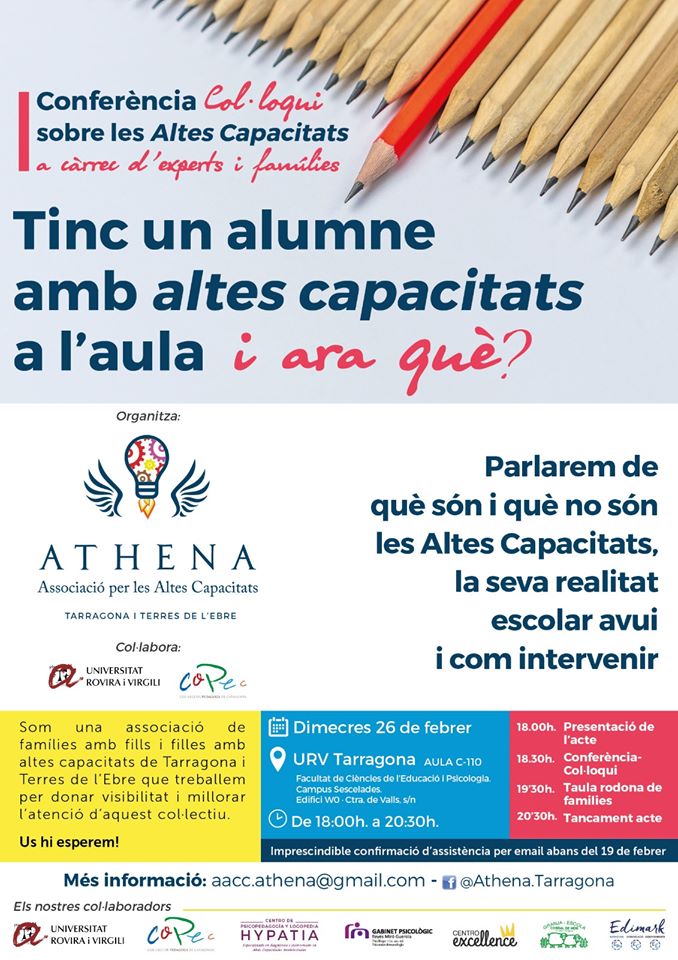 CopecPedagogs's tweet image. 🔸"Tinc un alumne amb #AltesCapacitats a l’aula. I ara què?" 26/02/20 a Tarragona · Athena Associació per les Altes Capacitats · @universitatURV i @CopecPedagogs 
👥Marta Fabregat, vocal #CopecTarragona, inauguració, Mónica Fernández, coord #GRAC, ponent 🔗pedagogs.cat/reg.asp?id=456…