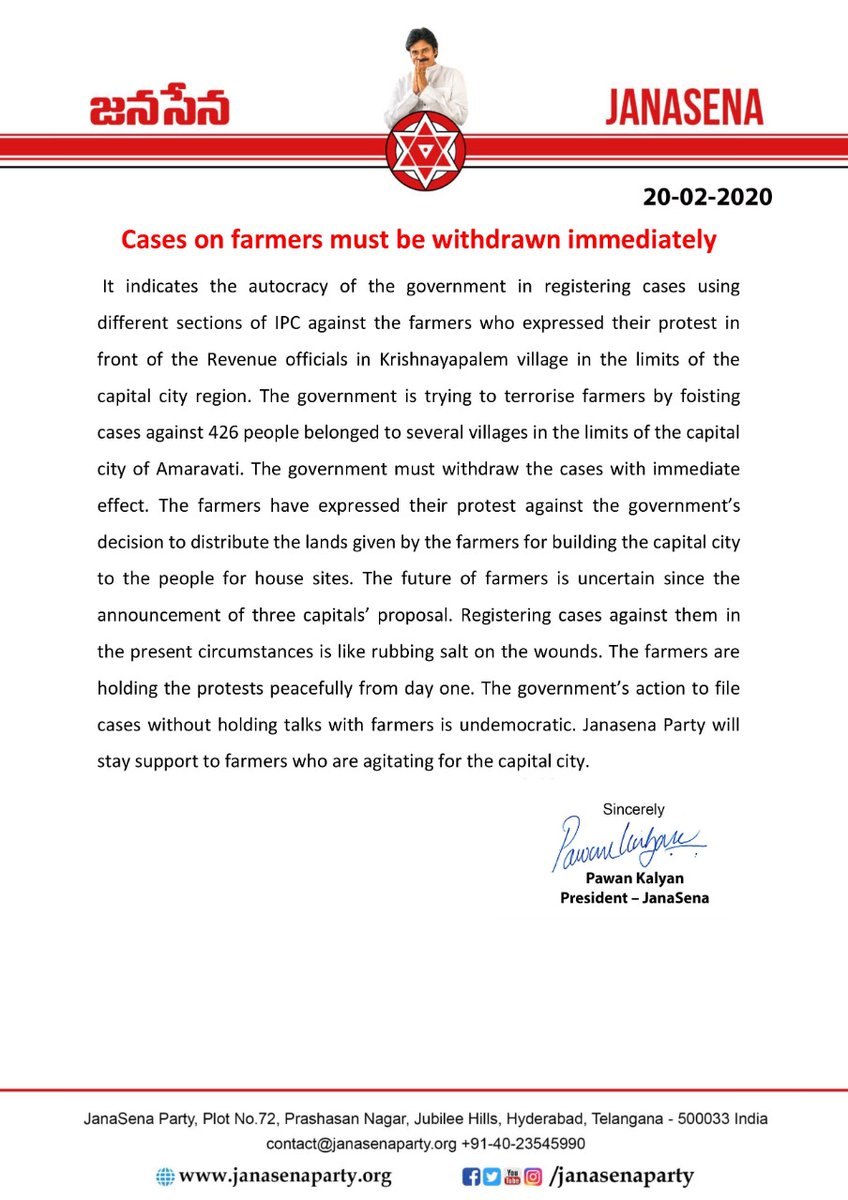 JanaSenaParty's tweet photo. Cases on farmers must be withdrawn immediately- JanaSena Chief @PawanKalyan https://t.co/8zqJtkew9S