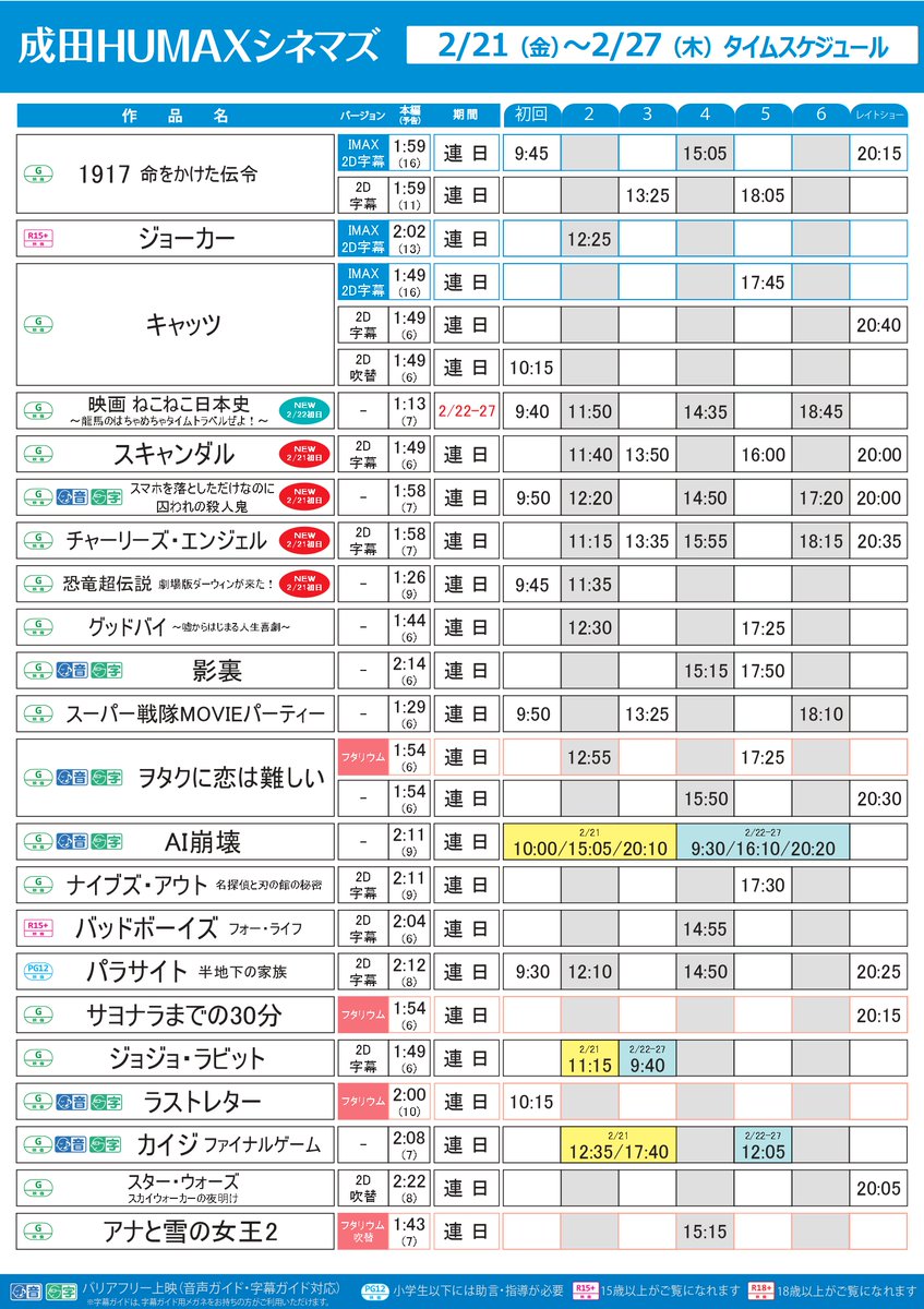 成田humaxシネマズ 成田humax上映スケジュール 2 21 金 2 27 木 新作 2 21公開 スキャンダル スマホを落としただけなのに 囚われの殺人鬼 チャーリーズ エンジェル 恐竜超伝説 劇場版ダーウィンが来た 2 22公開 映画 ねこねこ日本史