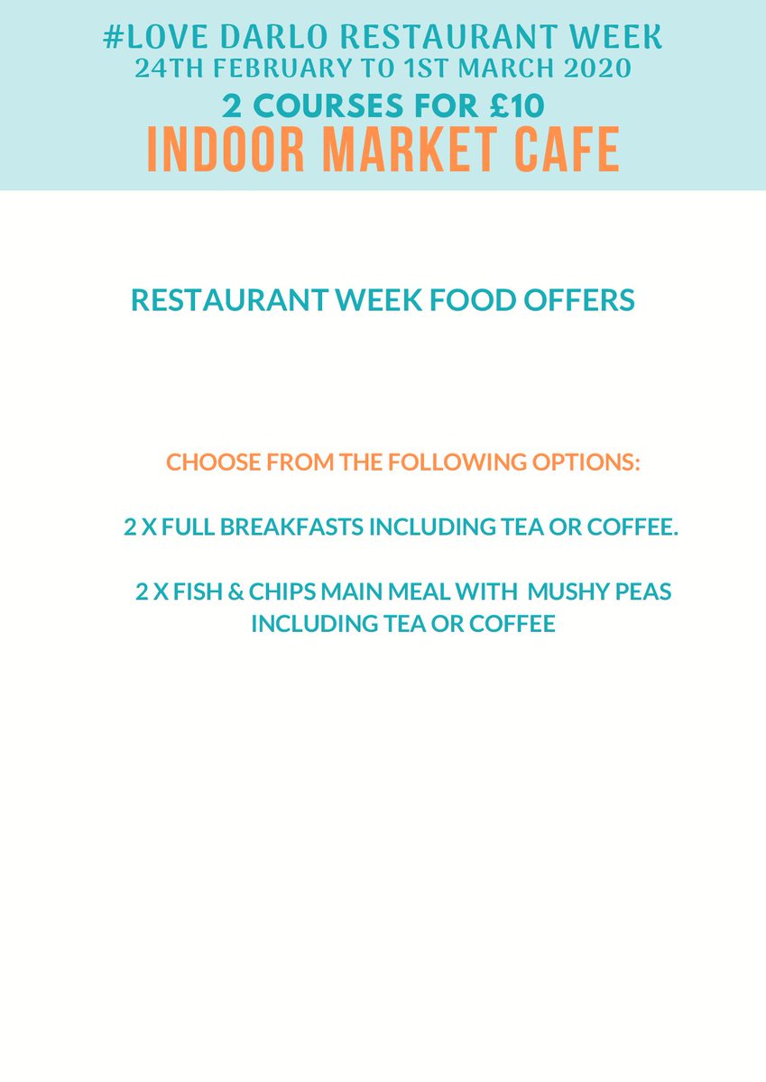 Restaurant Week isn't just about trying somewhere new on an evening, you can join the <a href="/DarloMarket/">Darlington Market</a> Café for...

🍳 Two Full English Breakfasts &amp; a cup of tea or coffee for only £10.

OR

🐟 Two fish &amp; chip suppers with mushy peas with tea or coffee for only £10.

#LoveDarlo