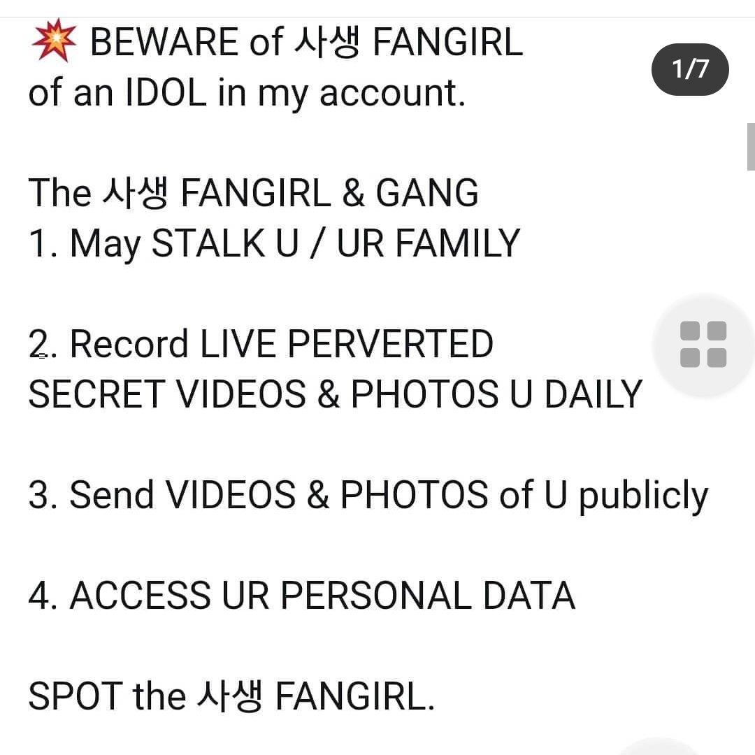 Binbin1669's tweet photo. Reminder 💥 BEWARE💥

Do U like it if 
YOU, 
ur DAUGHTER, 
ur GRANDDAUGHTER or
FRIEND
is STALKED by 
PERVERTED 사생 FANGIRL &amp; GANG 
in the same way?

This 사생 FANGIRL &amp; GANG may STALK U in the same way too. https://t.co/V89G8P0ndk