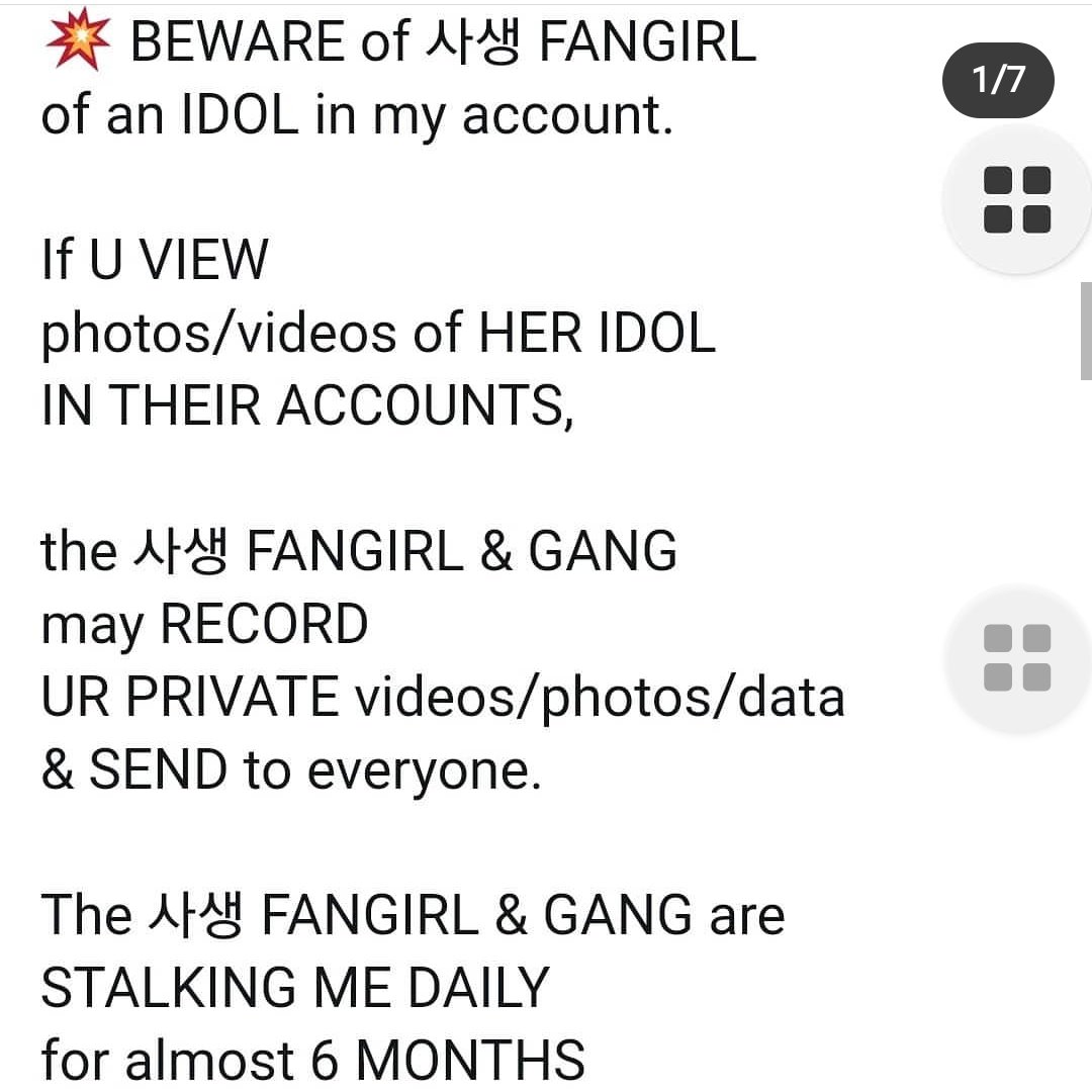 Binbin1669's tweet photo. Reminder 💥 BEWARE💥

Do U like it if 
YOU, 
ur DAUGHTER, 
ur GRANDDAUGHTER or
FRIEND
is STALKED by 
PERVERTED 사생 FANGIRL &amp; GANG 
in the same way?

This 사생 FANGIRL &amp; GANG may STALK U in the same way too. https://t.co/V89G8P0ndk