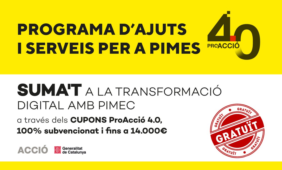 Pimec's tweet photo. 🚀 A @PIMEC t'ajudem a transformar el teu negoci! Ara pots accedir als Cupons #ProAccio40, el programa d'ajuts i serveis per a la #digitalització de la teva empresa.

Apunta't i accedeix a subvencions fins a 14.000€!
👉 https://t.co/gGXWDy4P48 https://t.co/8I3ZPfjVSQ
