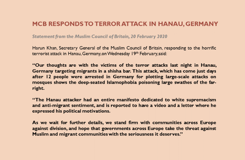 MuslimCouncil's tweet photo. STATEMENT: Muslim Council of Britain Responds to Hanau Terrorist Attack | 20 February 2020 https://t.co/vGgk9d9C8R