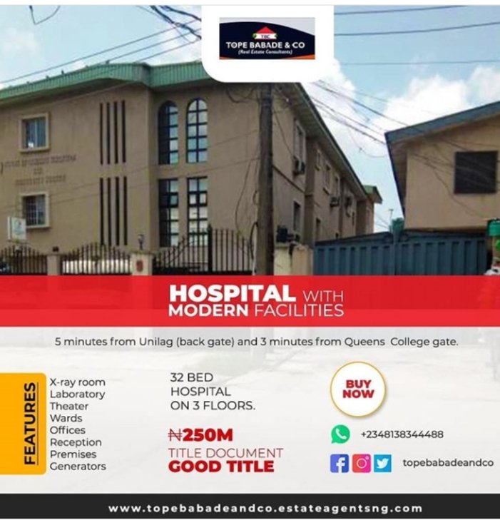 For more details, please contact me on +234 813 834 4488. Thank you.

#hospitalforsale
#hospital
#health
#healthcare
#sick
#RealEstate
#realestateagent
#realestateforsale
#realestatelawyer
#realestateguru
#RealEstateNigeria
#realestateinvestor
#realestateadvisory
#Lagos
#Nigeria