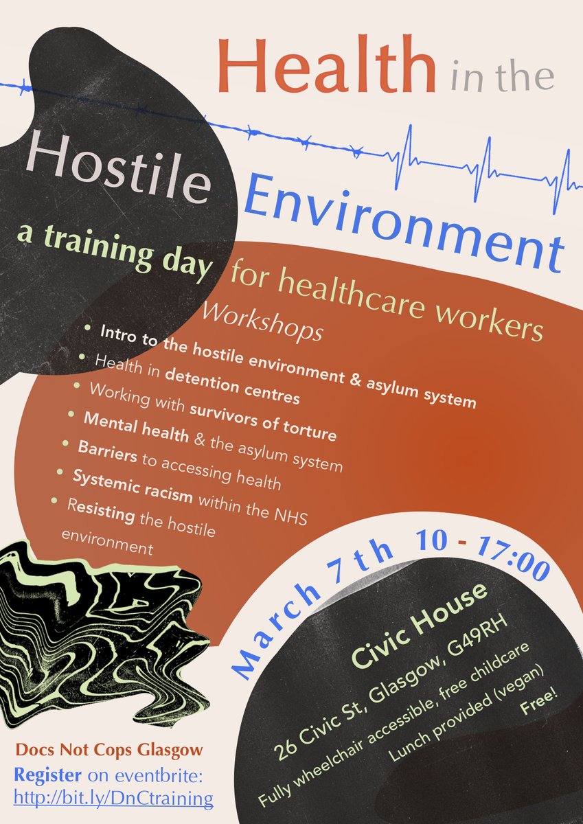 DnCGlasgow's tweet image. @bmagayle FREE TRAINING on March 7 on health impacts of the #HostileEnvironment &amp;amp; #asylumsystem for Glasgow Healthcare Workers, workshops: @FreefromTorture @UnityCentreGlas @justrightscot @SDVisitors @DOTW_UK @DocsNotCops @odo_kate @alessio_alba Register: bit.ly/DnCtraining