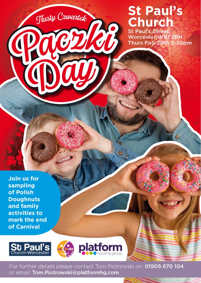 MeWorcs's tweet photo. Paczki Day is here! Join us tonight at St Paul's Church in Worcester (5.30-7.30) to try some delicious Polish doughnuts as well as to meet some new people! It's a sweet opportunity that cannot be missed!

#TłustyCzwartek https://t.co/TReBOhpFwd