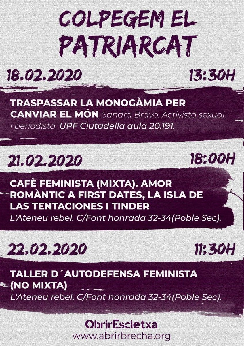 AbrirBrecha's tweet photo. 💜Se acerca el #8M y por ello mañana segunda sesión de las jornadas organizadas por @EscletxaUpf en #Barcelona. 👇🏽Café #feminista sobre el mito del amor romántico en el @AteneuRebel 👇🏽

C/Font Honrada 32-34, Poble Sec.
#8M2020 #8Marzo https://t.co/aU8pETRViN